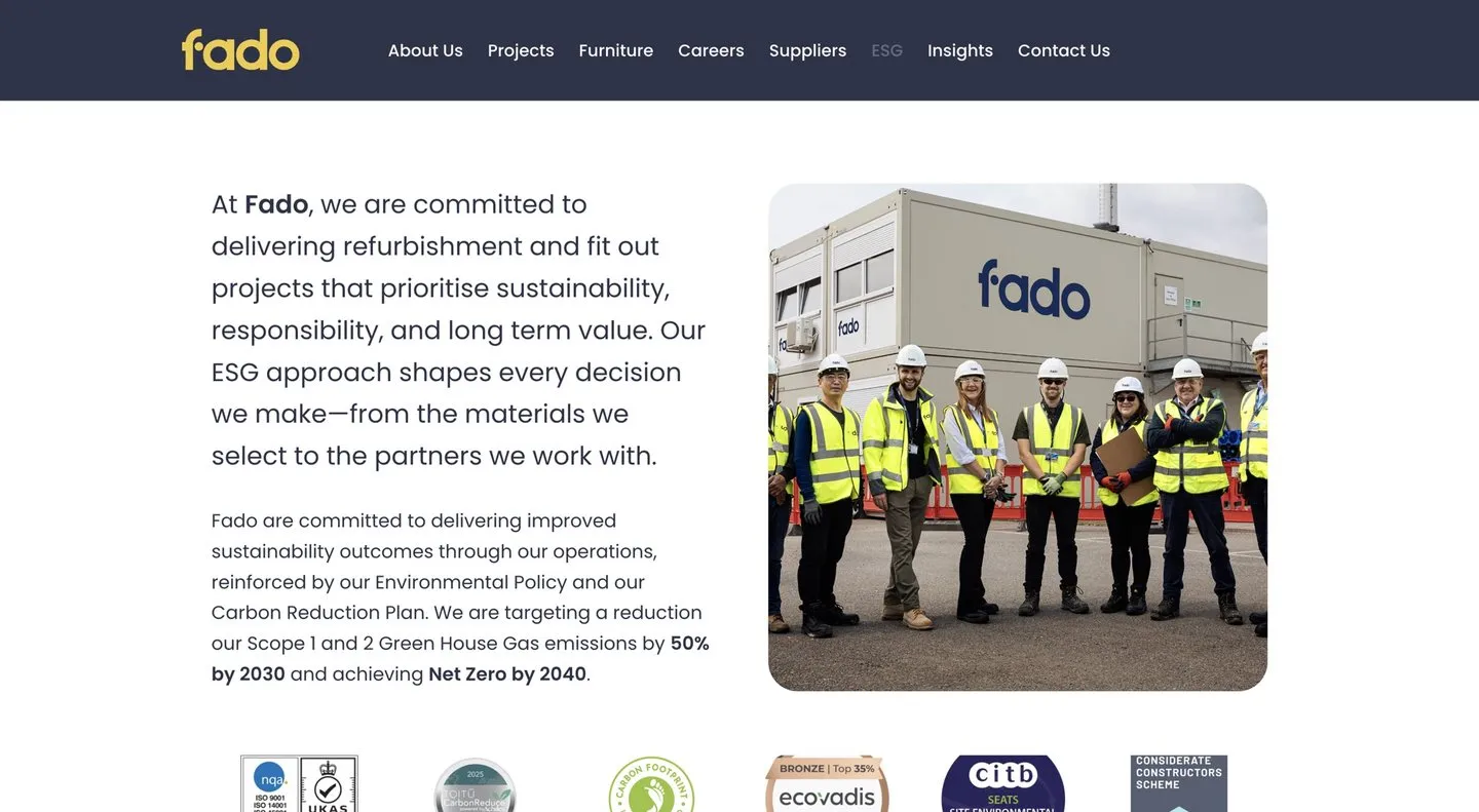 Fado’s ESG page, with a photo of the team in hi-vis on site and accreditation logos along the bottom
