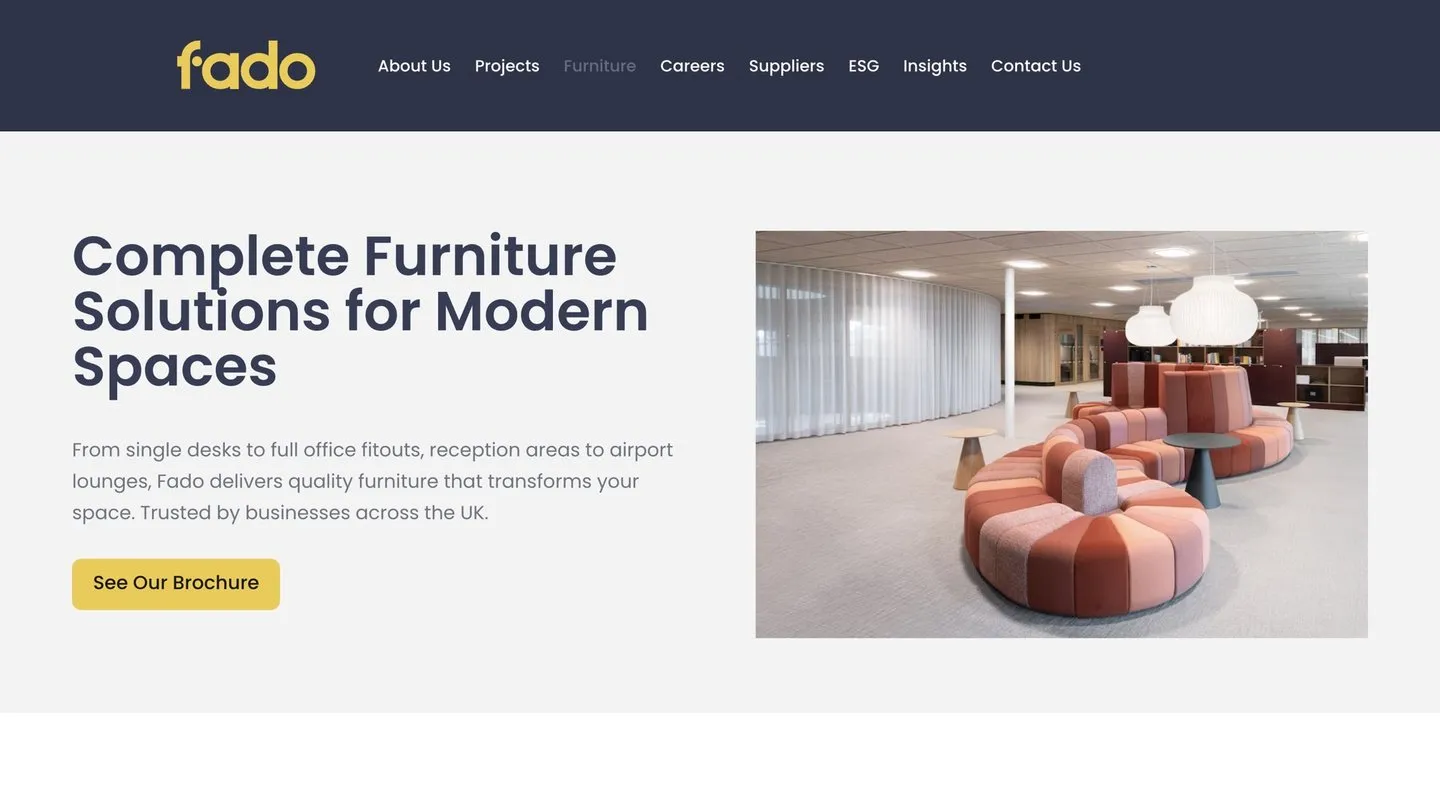 Fado’s Furniture page: Complete Furniture Solutions for Modern Spaces, with a photo of a breakout area