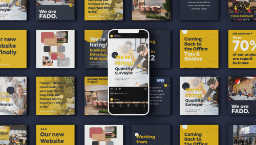 A grid of Fado social media posts in navy and yellow, with a phone showing the Instagram feed
