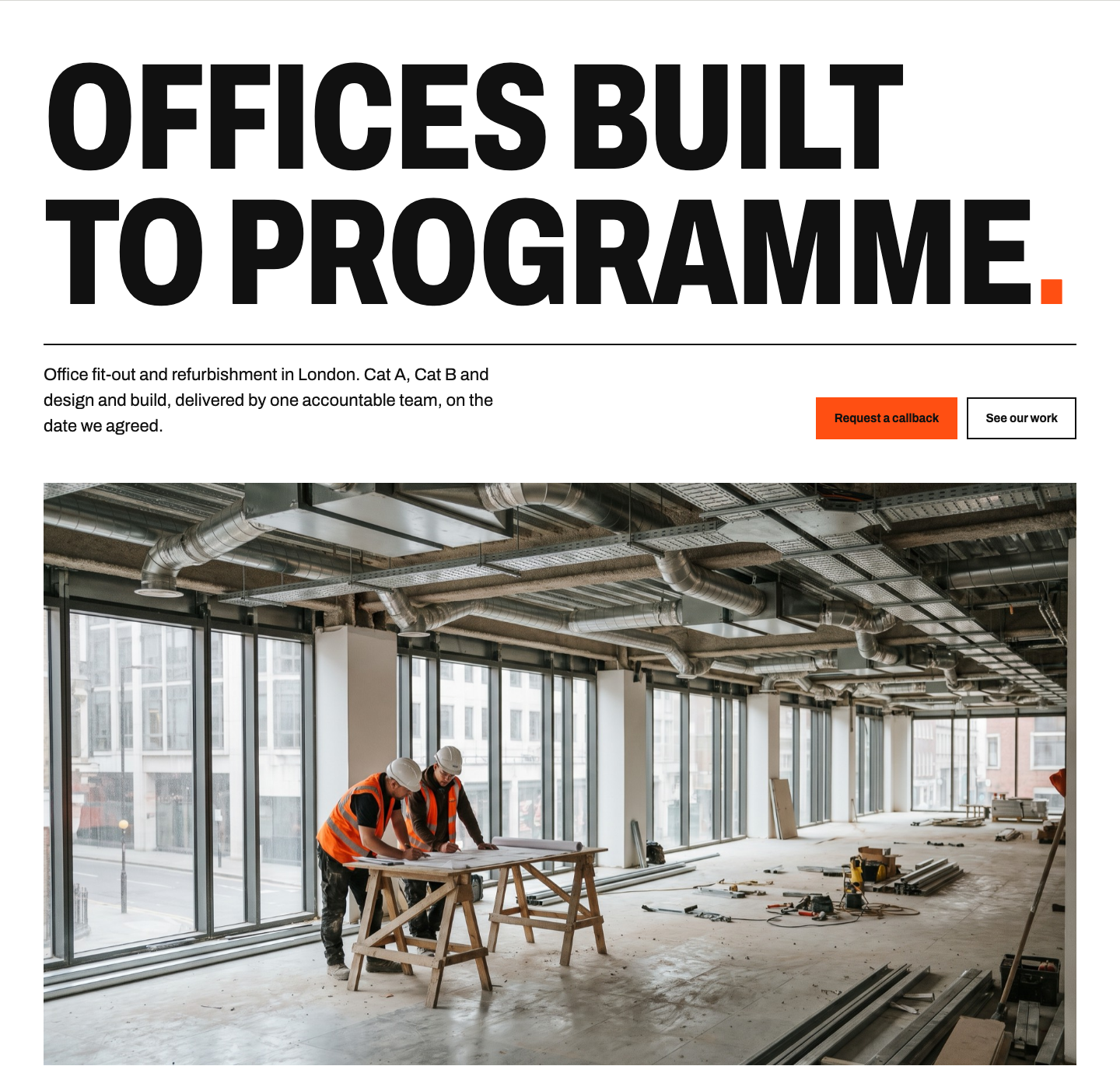 The Hollis Yard homepage hero: Offices built to programme, with a photo of a fit-out in progress