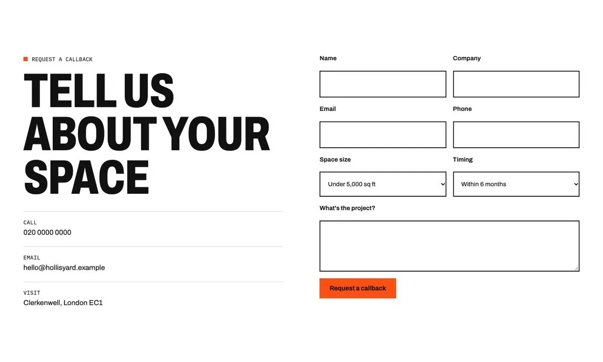 The Hollis Yard concept callback form, asking for name, company, email, phone, space size, timing and a project description