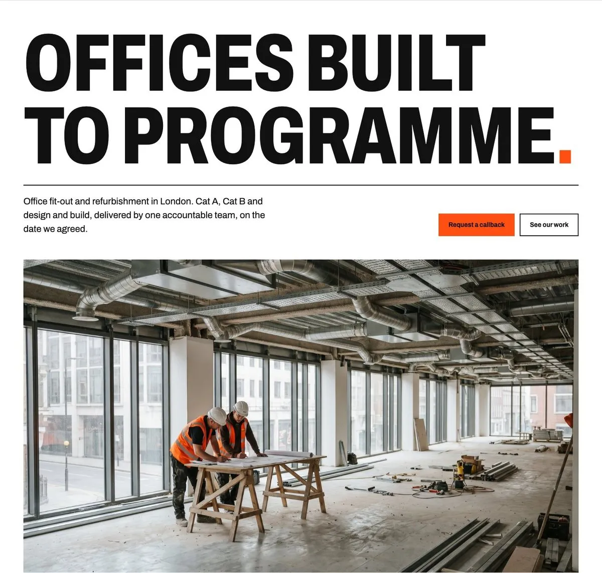 The Hollis Yard concept homepage: the headline Offices Built to Programme, a line saying office fit-out and refurbishment in London, a Request a callback button and a photo of a fit-out site