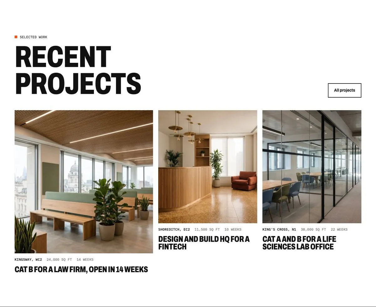 Three project cards from the Hollis Yard concept, each labelled with location, size in sq ft and programme length