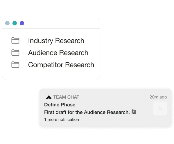 Illustration: research folders and a team chat notification about the first draft of the audience research