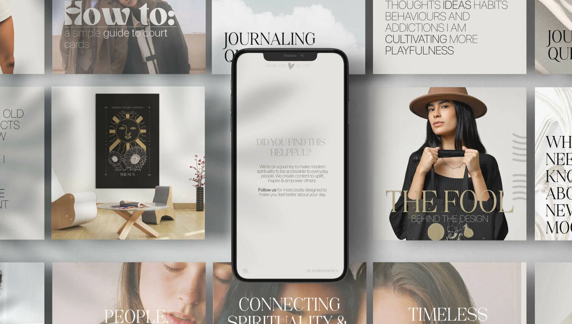 La Visione Mistica social media posts around a phone showing the Instagram feed, with journaling and tarot themes