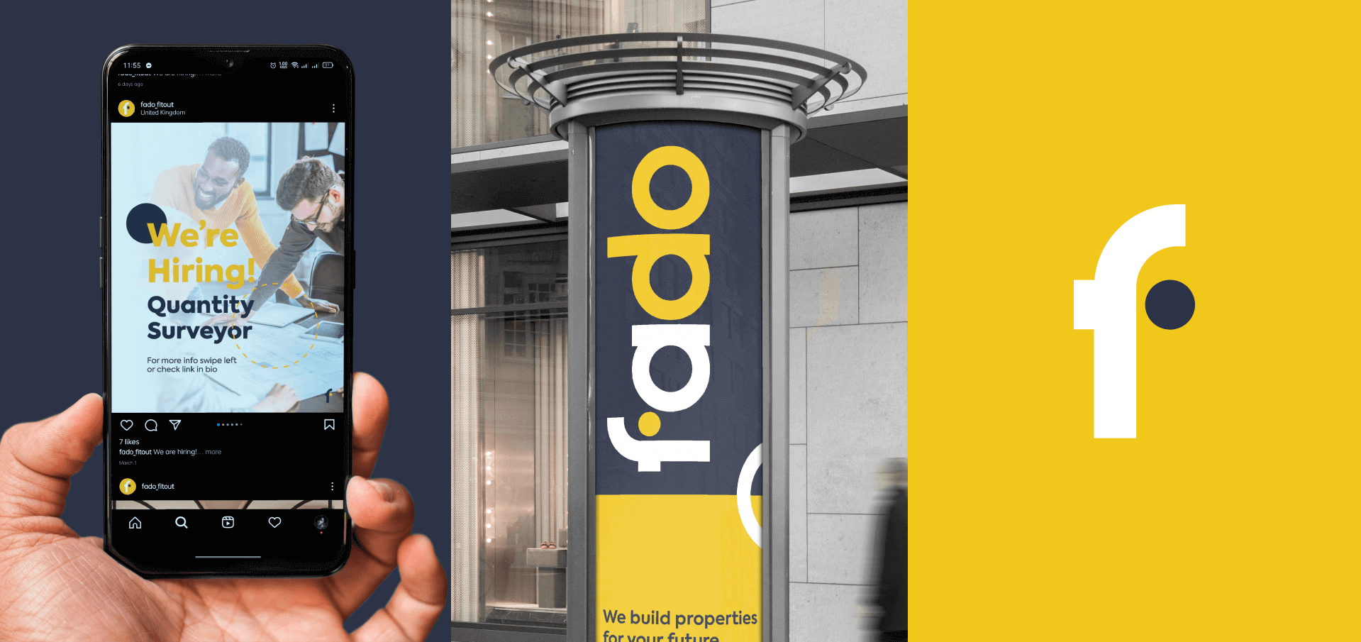 A Fado recruitment post on a phone, a Fado street column and a yellow poster with the Fado f