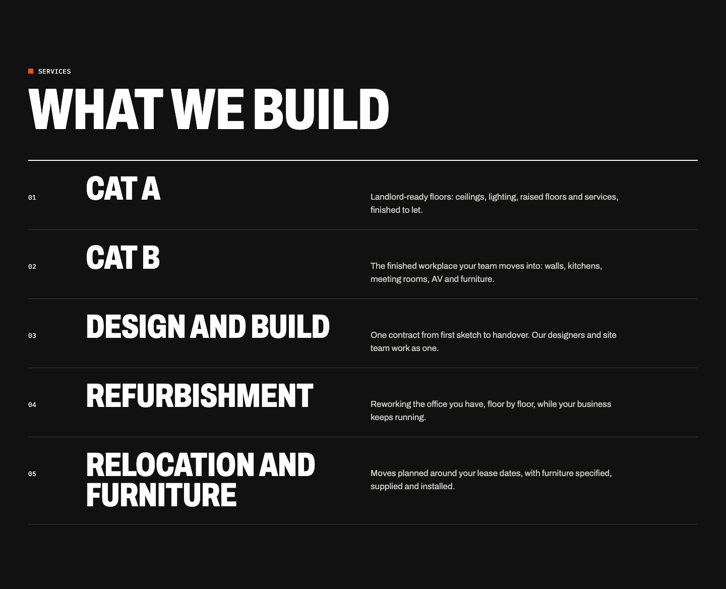 Services list: Cat A, Cat B, design and build, refurbishment, relocation and furniture