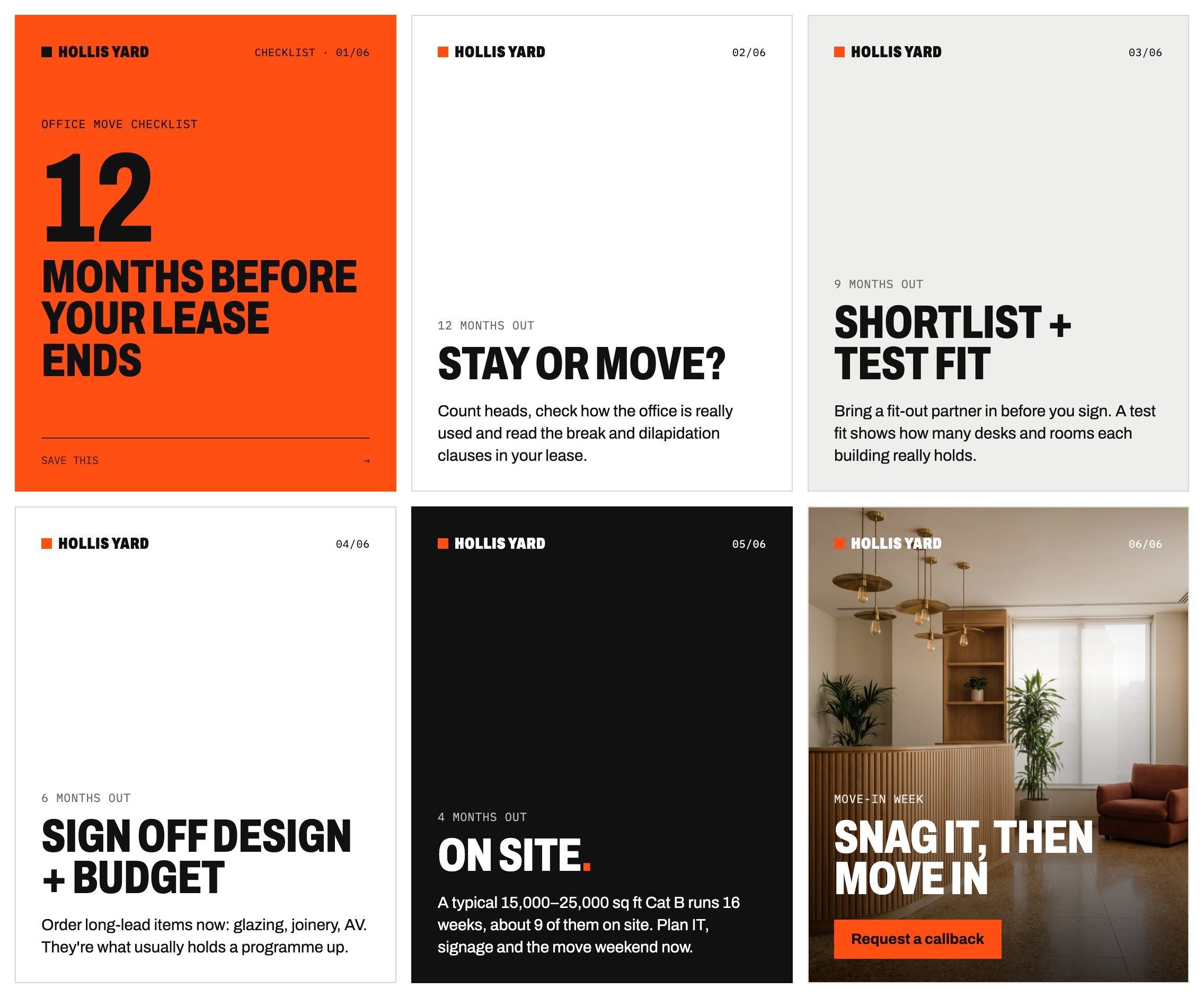 Six LinkedIn carousel slides: an office move checklist from 12 months before the lease ends