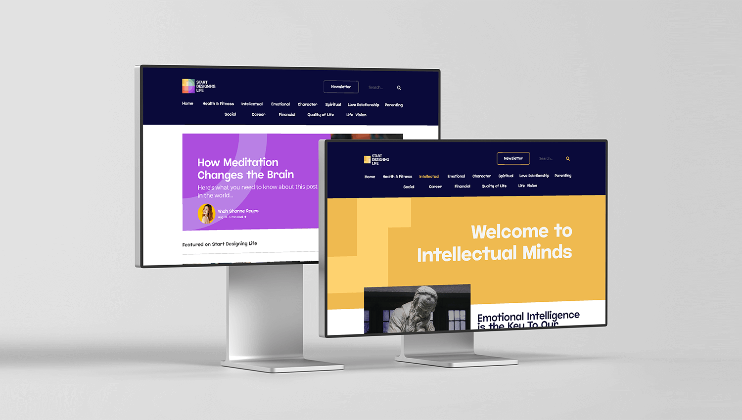 The Start Designing Life website on two desktop monitors, with the headline Welcome to Intellectual Minds