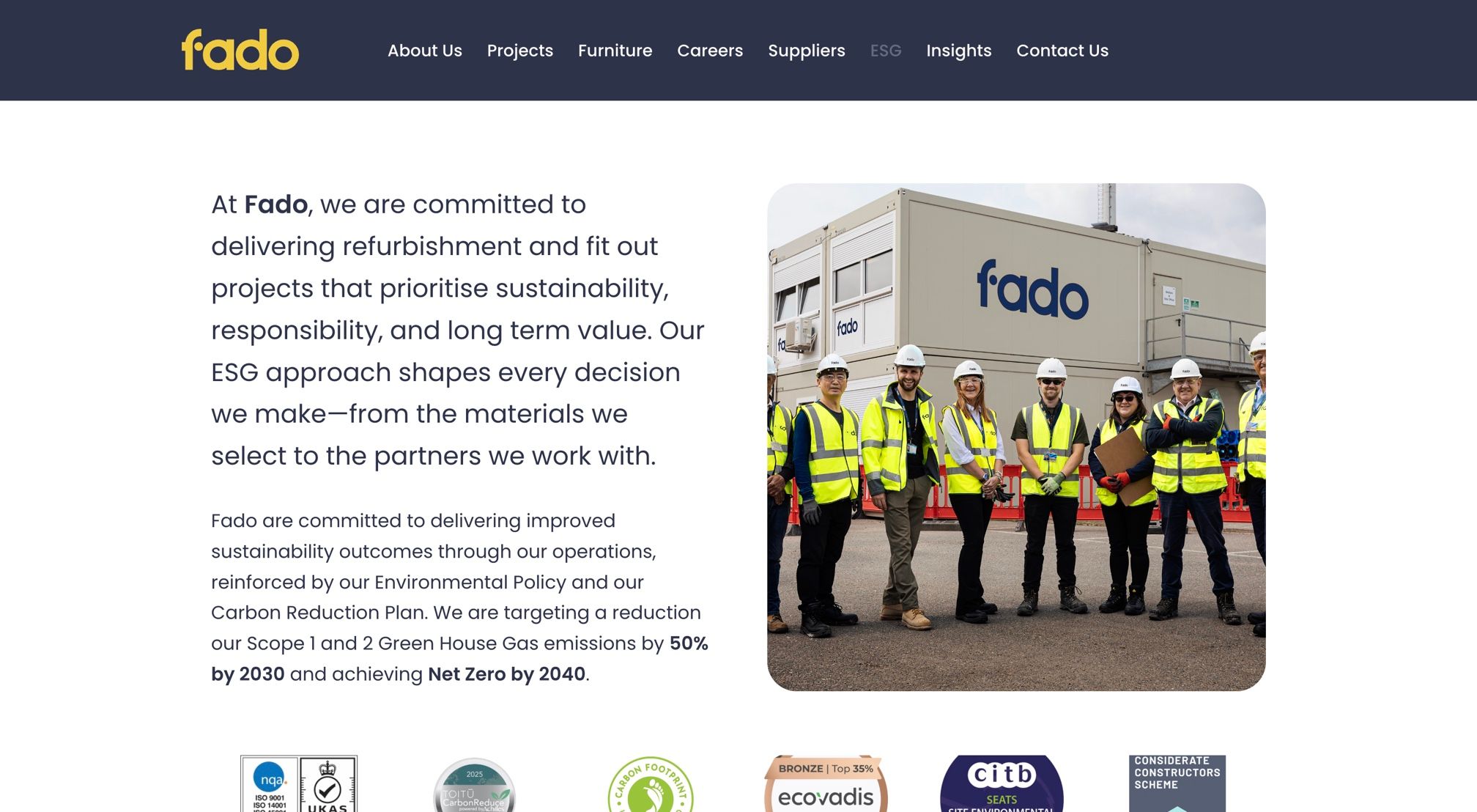 Fado's new ESG page, with the site team in hi-vis outside a Fado site cabin
