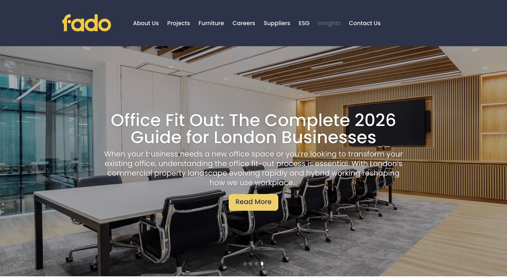 Fado's new Insights page, featuring the article Office Fit Out: The Complete 2026 Guide for London Businesses