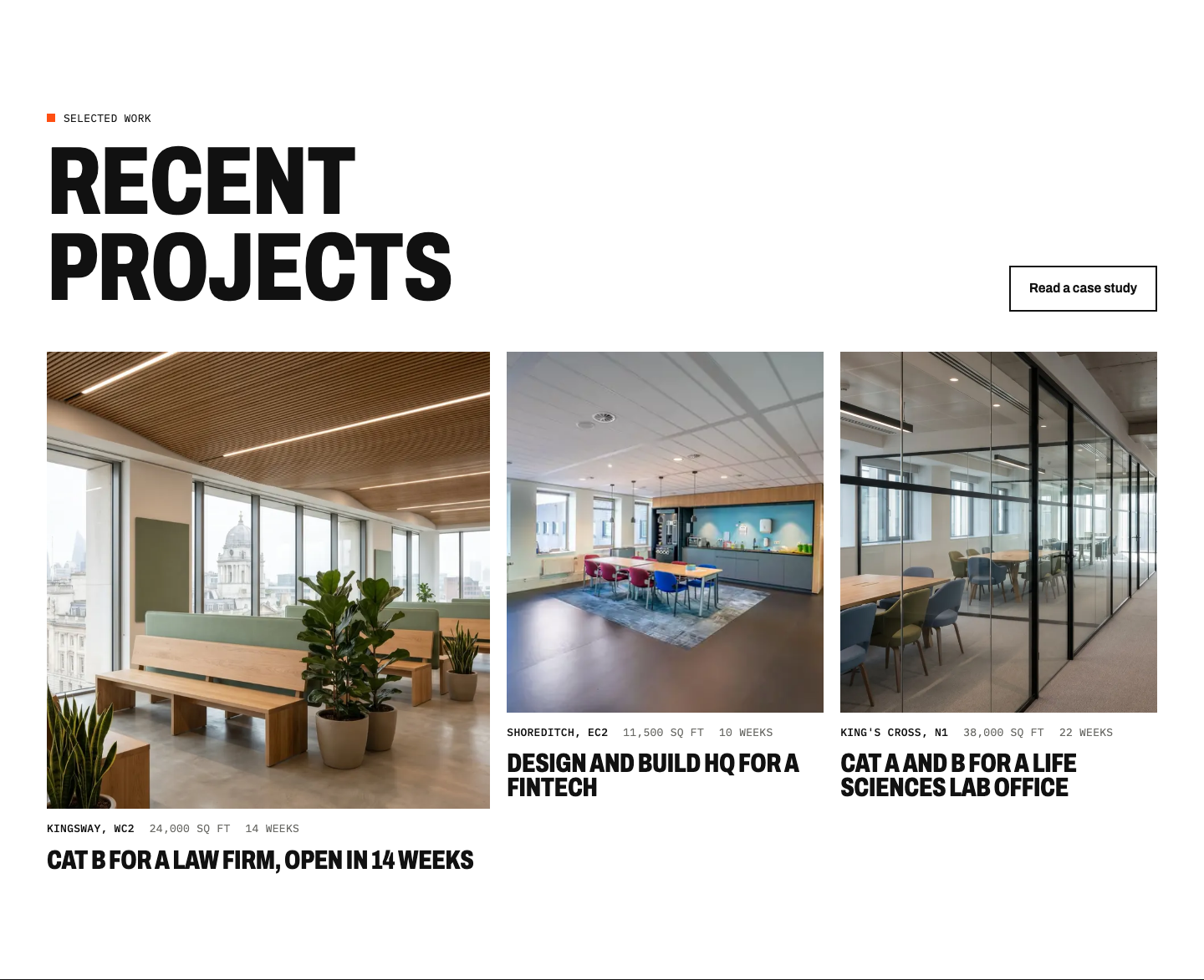 Three recent project cards, each showing location, square feet and programme length