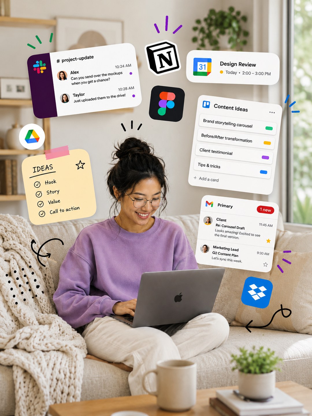 LinkedIn carousel cover design showing A woman wearing glasses and a lilac sweater working on a laptop on a couch surrounded by floating app icons and workflow UI cards