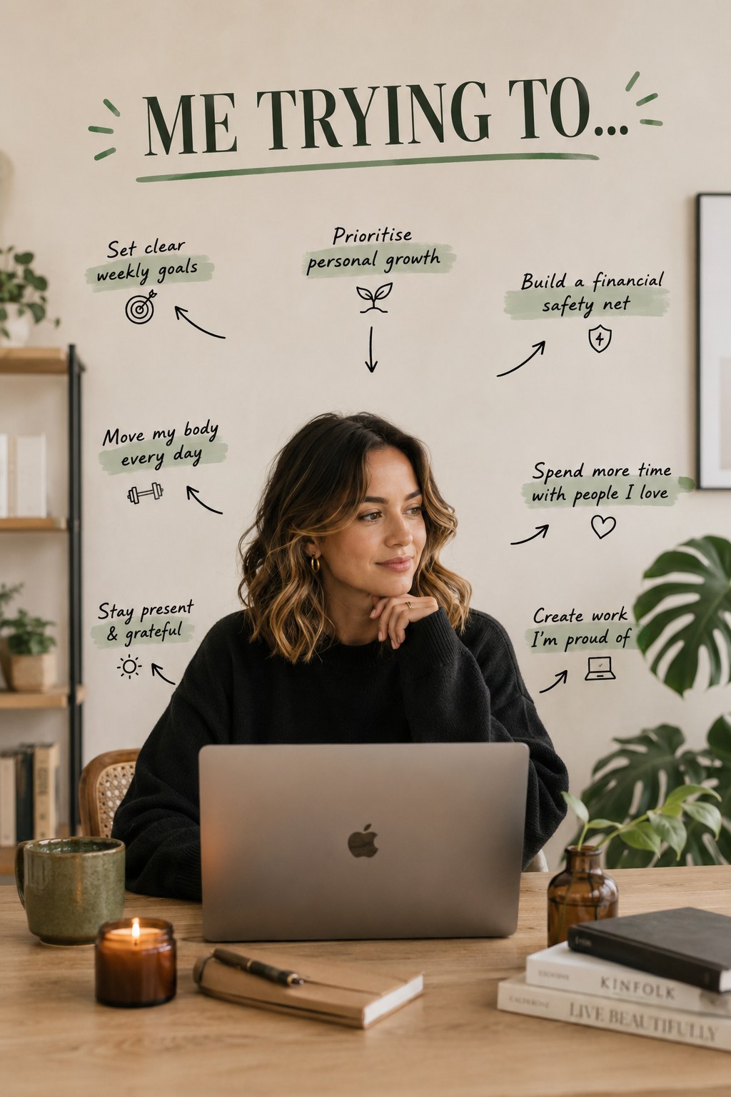 LinkedIn carousel cover design reading “ME TRYING TO...” over a thoughtful woman sitting at a desk behind an open laptop