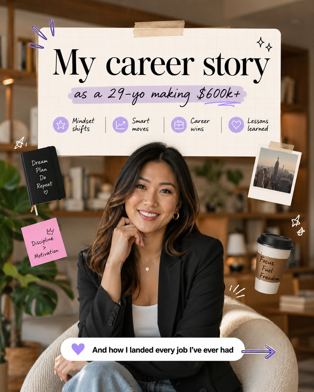 LinkedIn carousel cover design reading “My career story” over a smiling young Asian woman in a black blazer sitting in an armchair