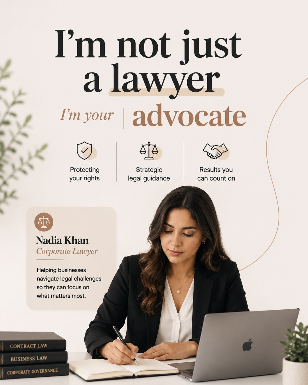 LinkedIn carousel cover design reading “I'm not just a lawyer” over a woman in a black blazer writing in a notebook at a desk with a laptop