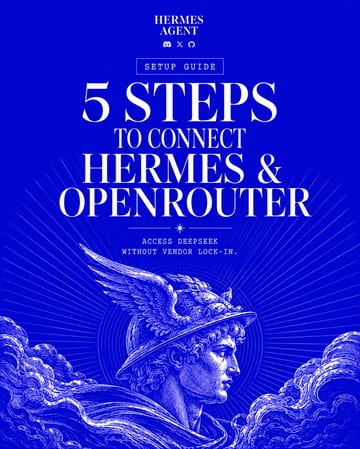 LinkedIn carousel cover design reading “5 STEPS
TO CONNECT
HERMES &
OPENROUTER” over an engraved classical illustration of Hermes with a winged helmet