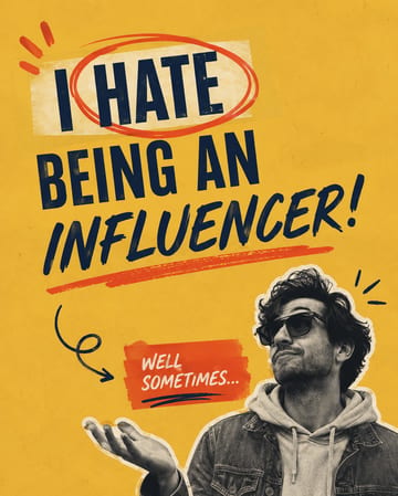 LinkedIn carousel cover design reading “I HATE BEING AN INFLUENCER!” over a man in sunglasses and a denim jacket gesturing with an open palm