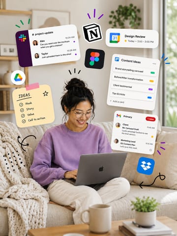 LinkedIn carousel cover design showing A woman wearing glasses and a lilac sweater working on a laptop on a couch surrounded by floating app icons and workflow UI cards