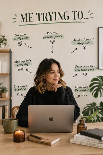 LinkedIn carousel cover design reading “ME TRYING TO...” over a thoughtful woman sitting at a desk behind an open laptop