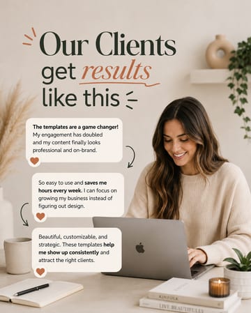 LinkedIn carousel cover design reading “Our Clients get results like this” over a smiling woman working on a laptop at a desk