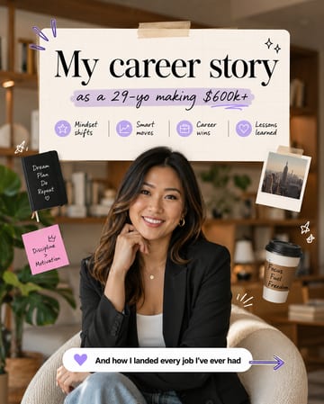 LinkedIn carousel cover design reading “My career story” over a smiling young Asian woman in a black blazer sitting in an armchair