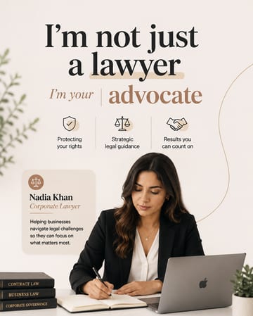 LinkedIn carousel cover design reading “I'm not just a lawyer” over a woman in a black blazer writing in a notebook at a desk with a laptop