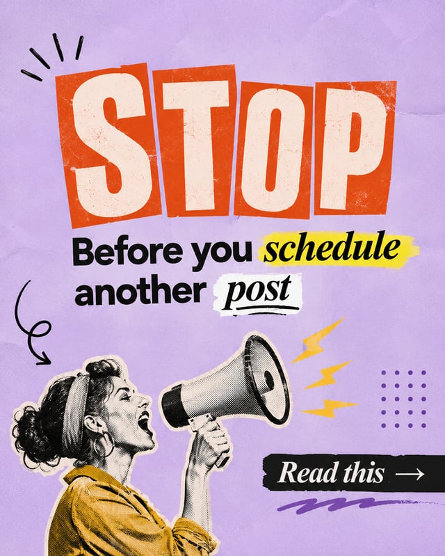 LinkedIn carousel cover design reading “STOP” over a retro halftone woman shouting into a megaphone