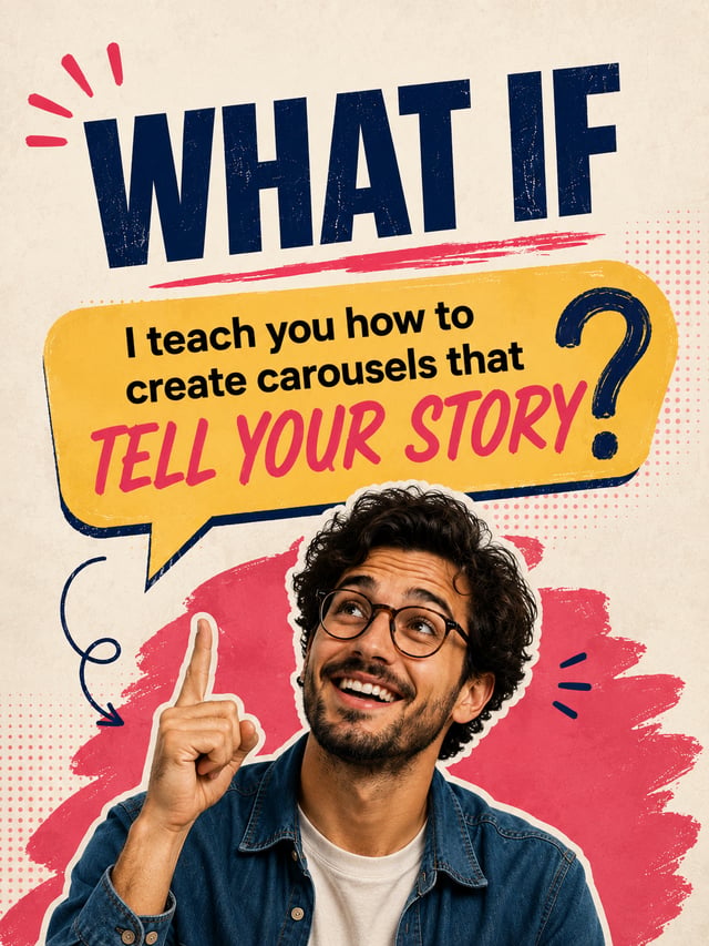 LinkedIn carousel cover design reading “WHAT IF” over a smiling man with glasses pointing upward