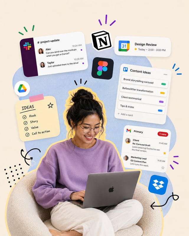 LinkedIn carousel cover design showing a smiling woman working on a laptop in a round armchair surrounded by floating work app widgets