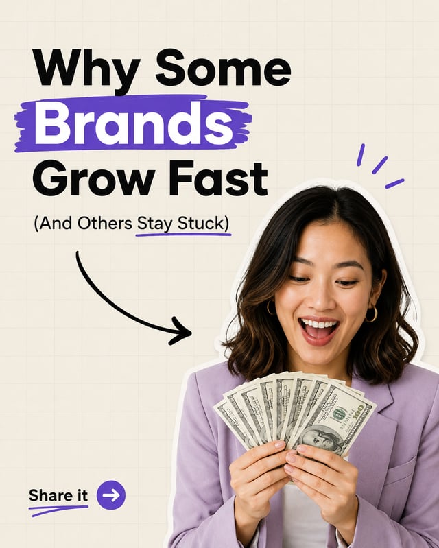LinkedIn carousel cover design reading “Why Some Brands Grow Fast” over an excited woman in a purple blazer holding a fan of hundred-dollar bills