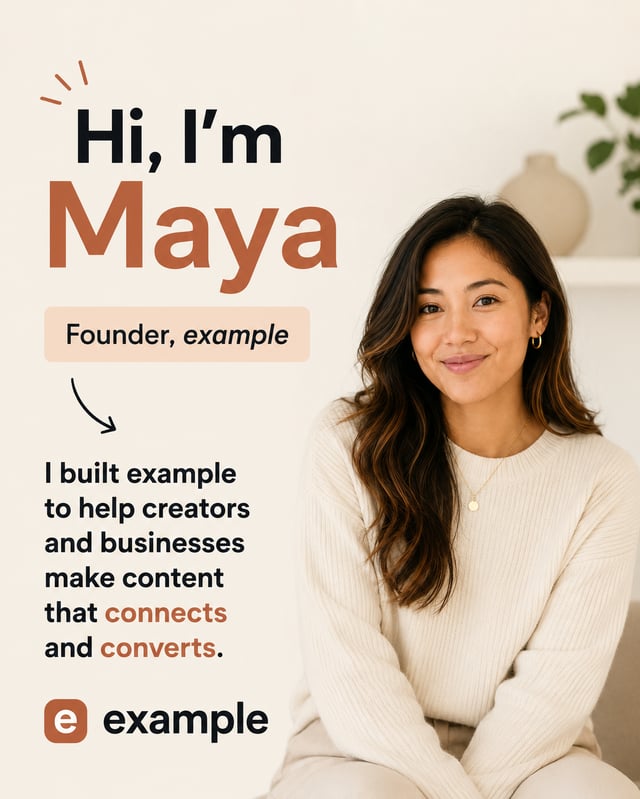 LinkedIn carousel cover design reading “Hi, I’m Maya” over a smiling woman in a cream knit sweater