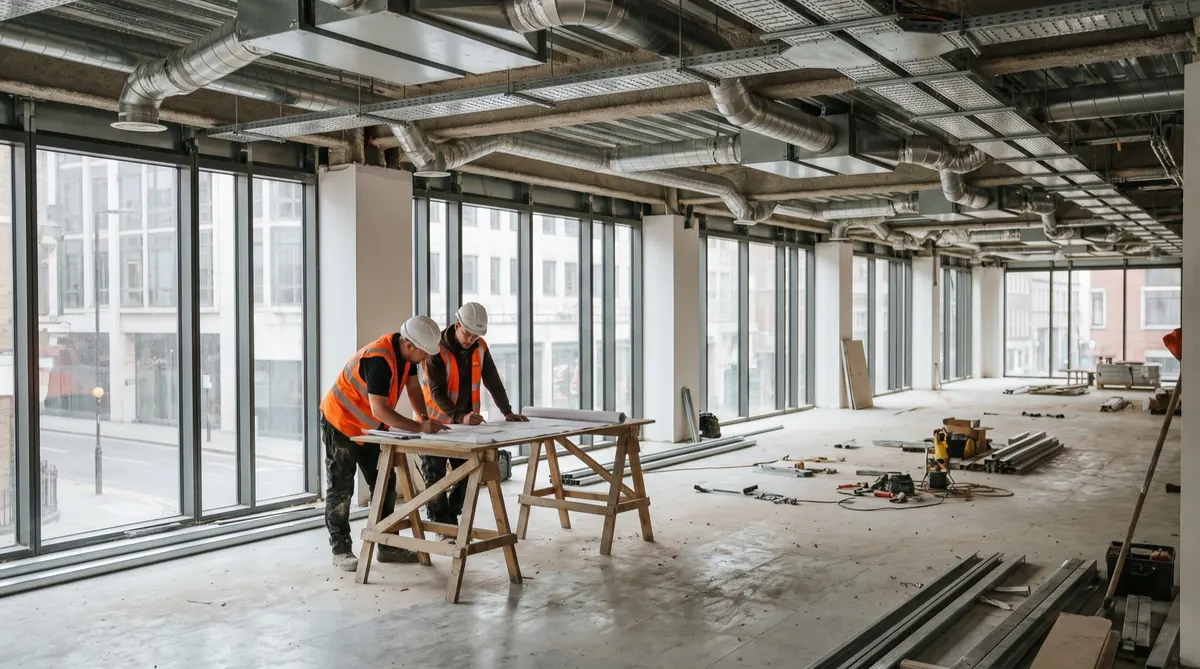 An office floor mid fit-out with site team checking drawings