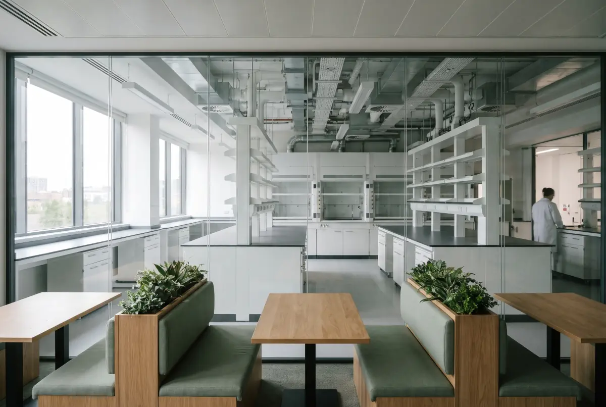 A breakout area looking through a glass wall into a lab