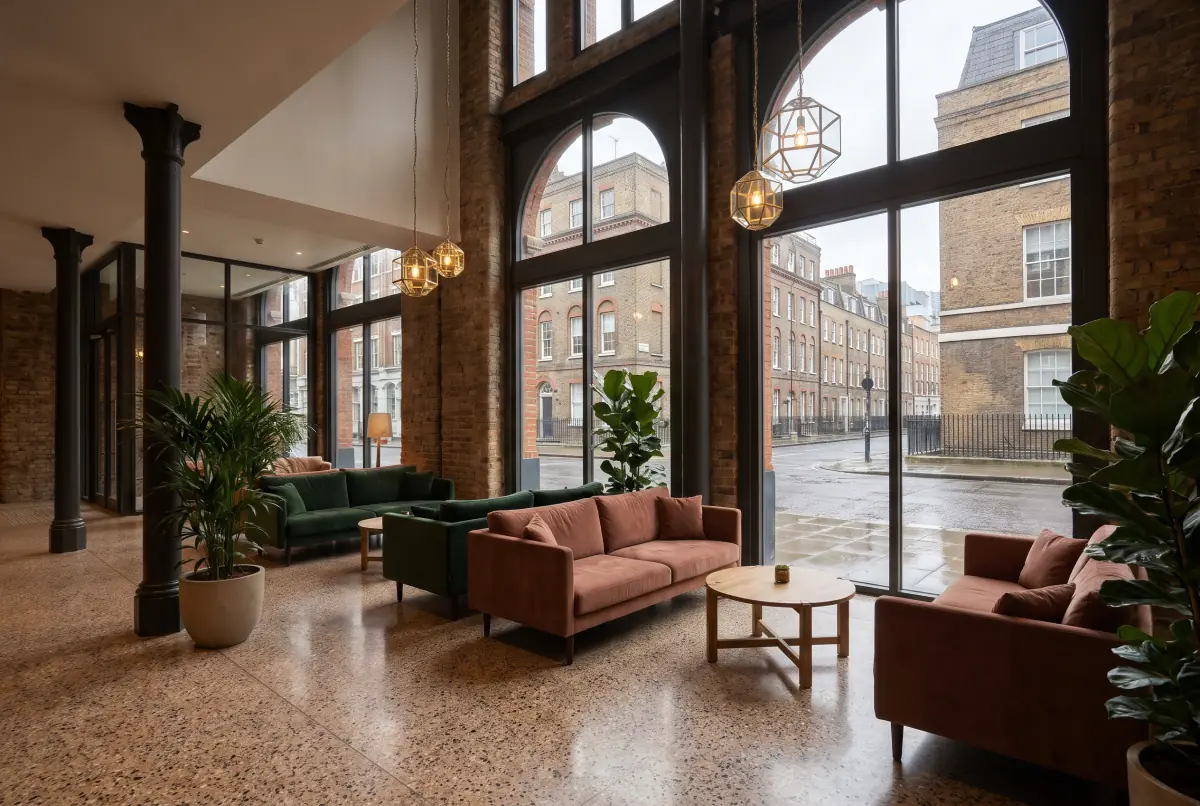 A double-height hotel lobby with green and terracotta sofas