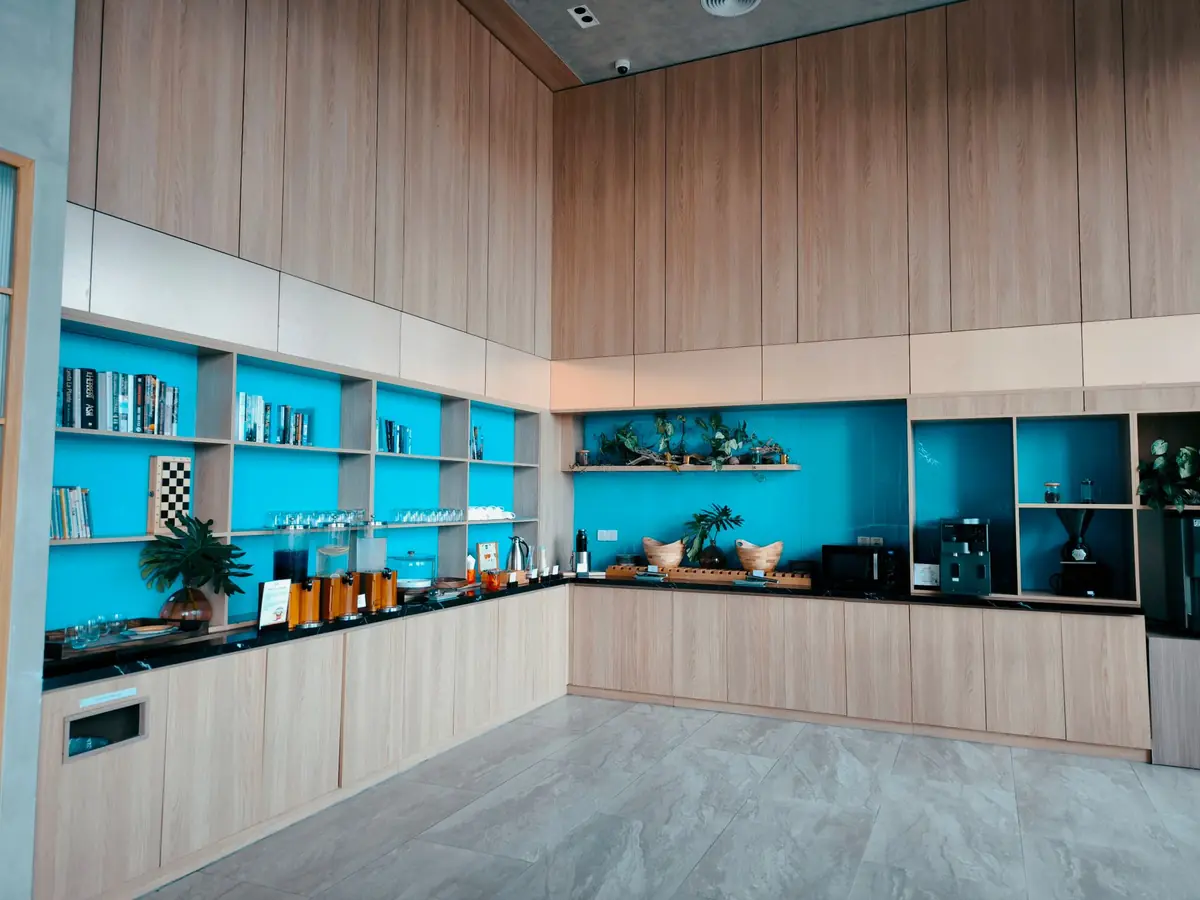 A finished office tea point with timber cabinets