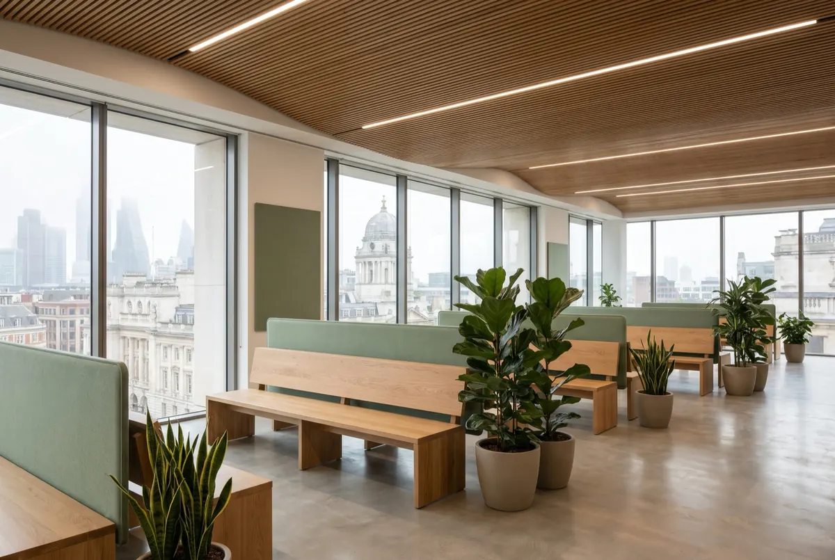 Finished open-plan office with timber ceiling