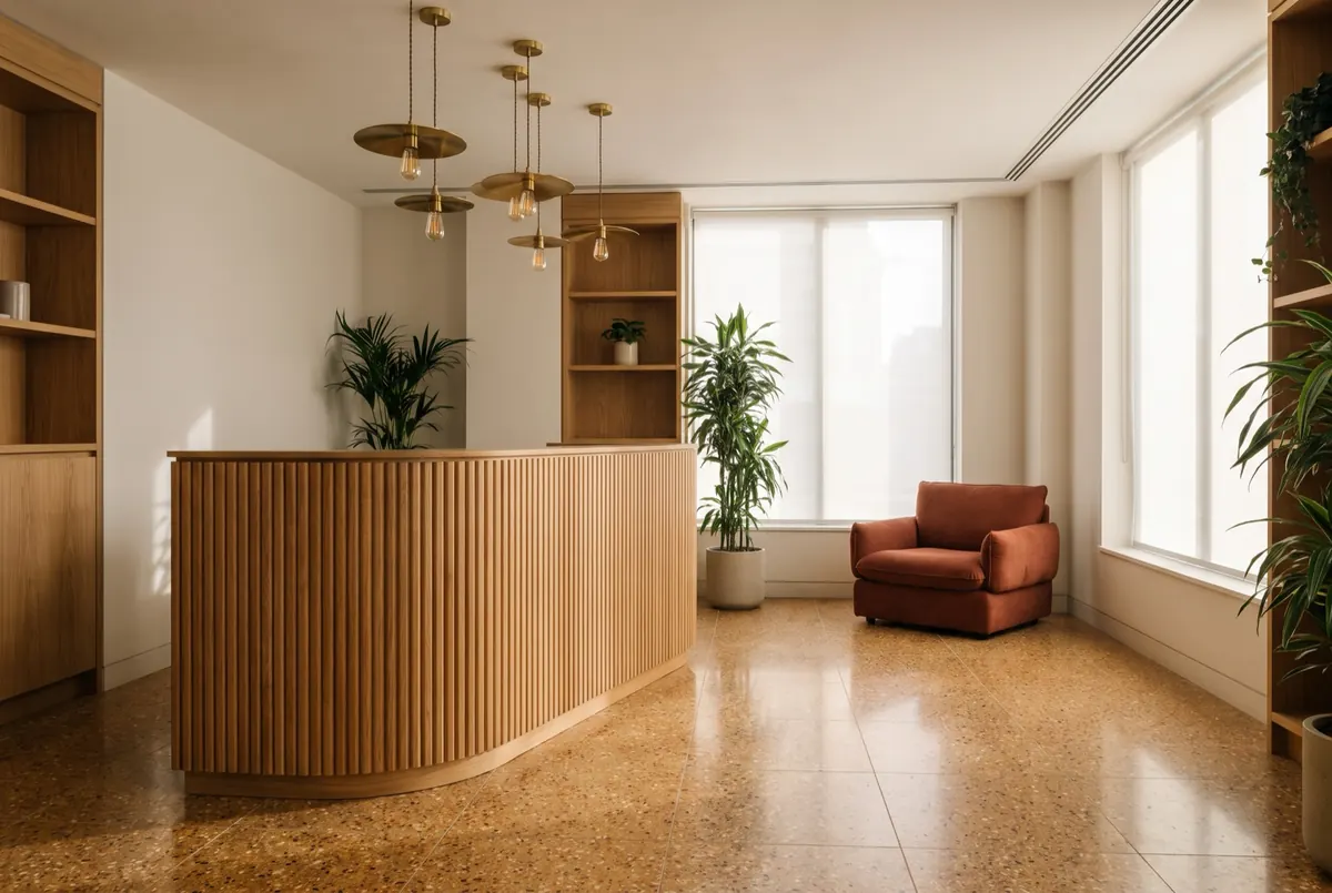 Reception with a curved fluted oak desk