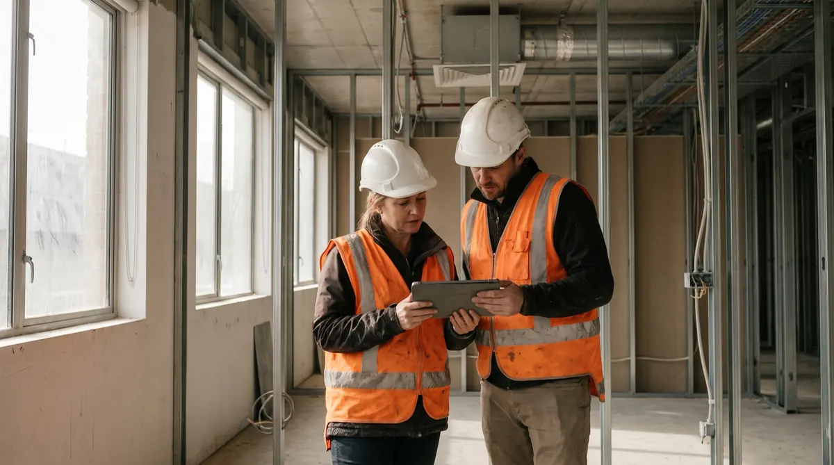 Two site managers in hi-vis checking progress on a tablet