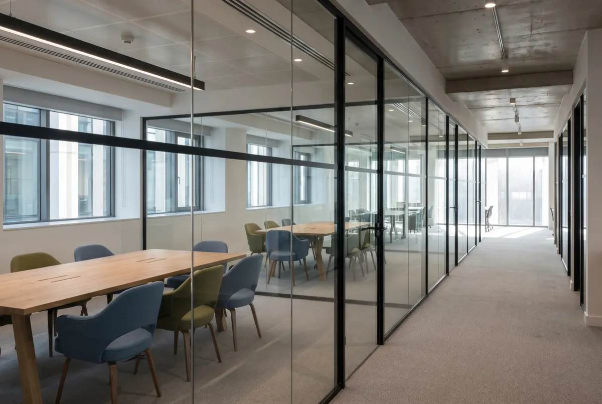 Glass-walled meeting rooms along a corridor
