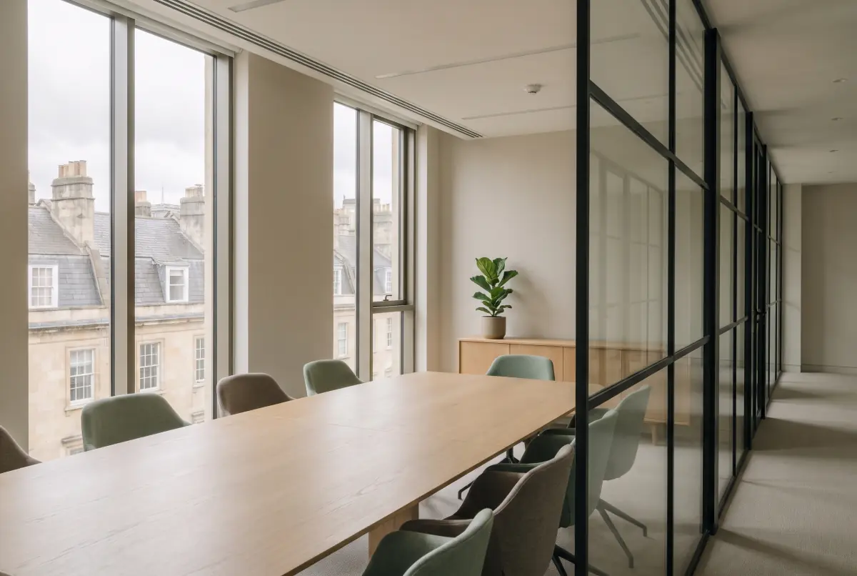 A meeting room with an oak boardroom table by tall windows