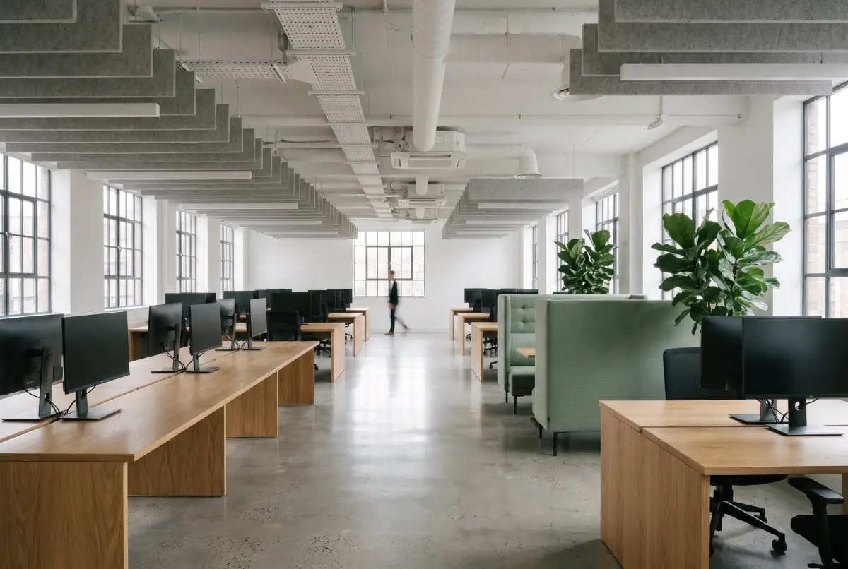 Oak bench desks with screens in an open-plan warehouse office